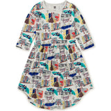Graphic Print Crew Neck Long Sleeve Elastic Waist Midi Dress, Multi