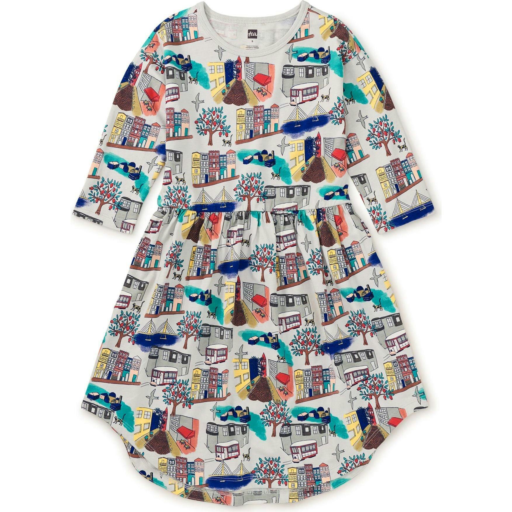 Graphic Print Crew Neck Long Sleeve Elastic Waist Midi Dress, Multi