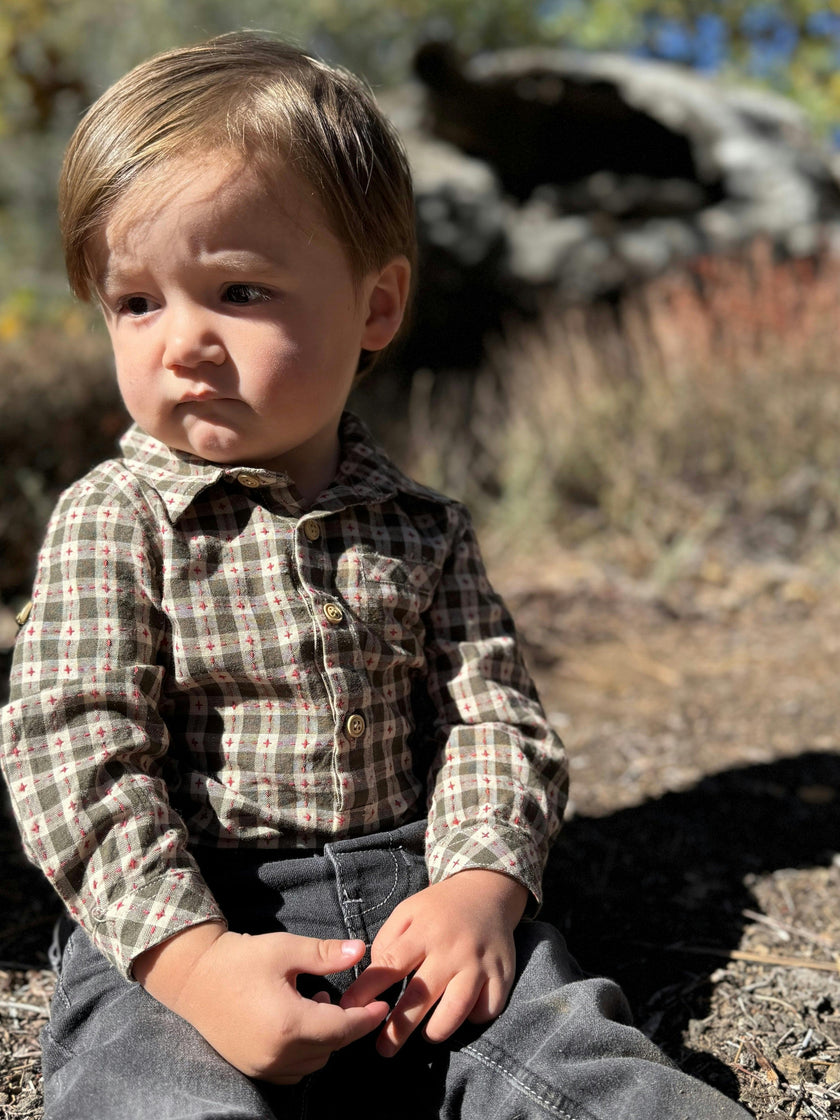 JASPER Sage/Rust Stitch Plaid Woven Onesie