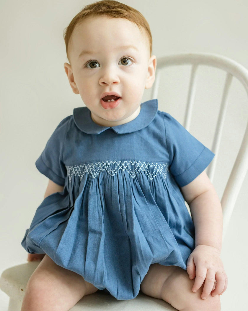 Oliver Linen Smocked Bubble Romper