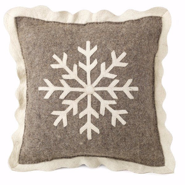 Handmade Christmas Pillow Hand Felted Wool - Big Snowflake Gray - 20