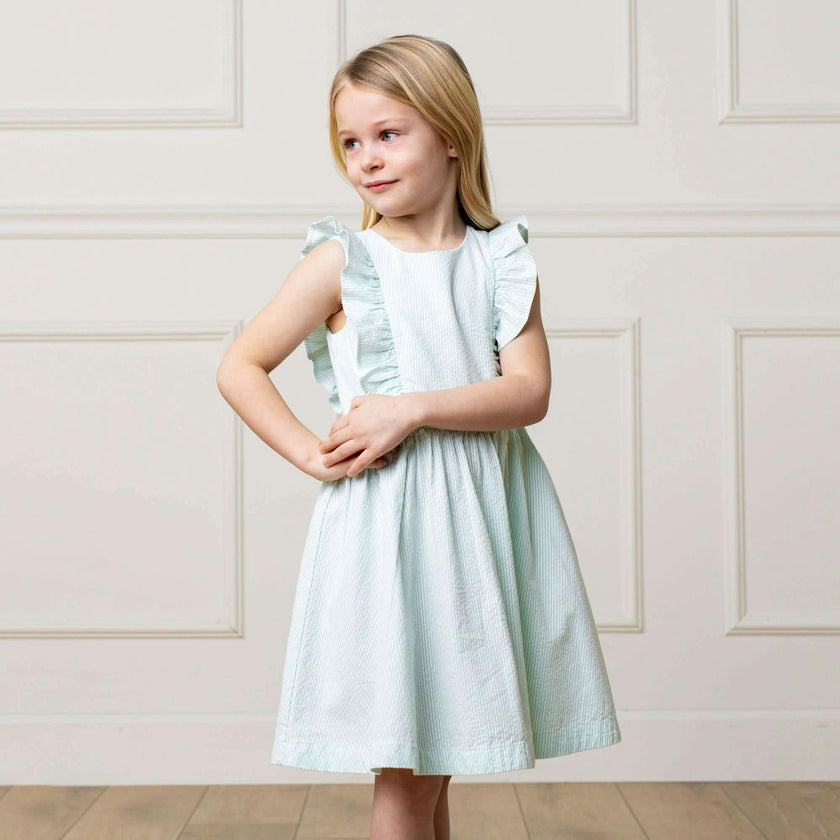 Organic Seersucker Flutter Sleeve Open Back Dress, Green