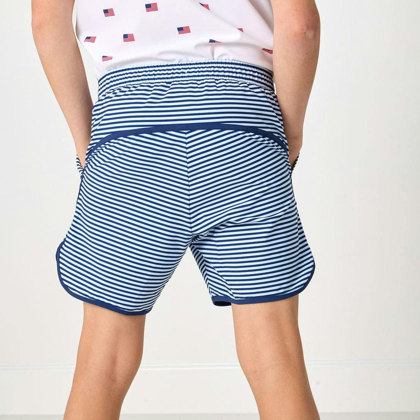 navy thin stripe retro super short with navy piping