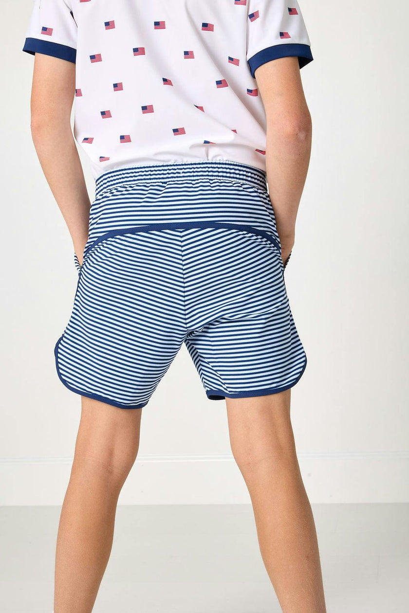 navy thin stripe retro super short with navy piping