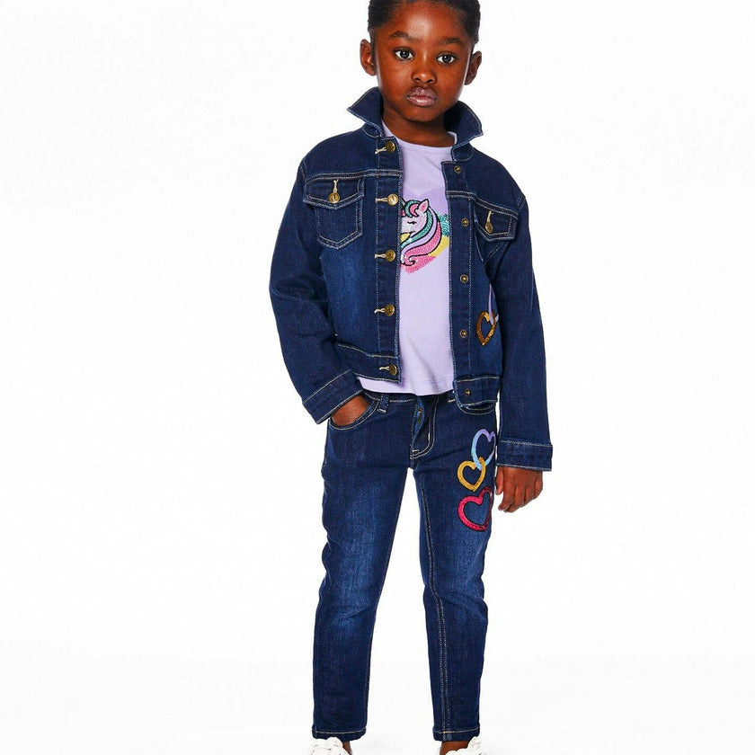 Stretch Denim Jacket Dark Blue with Glittery Hearts and