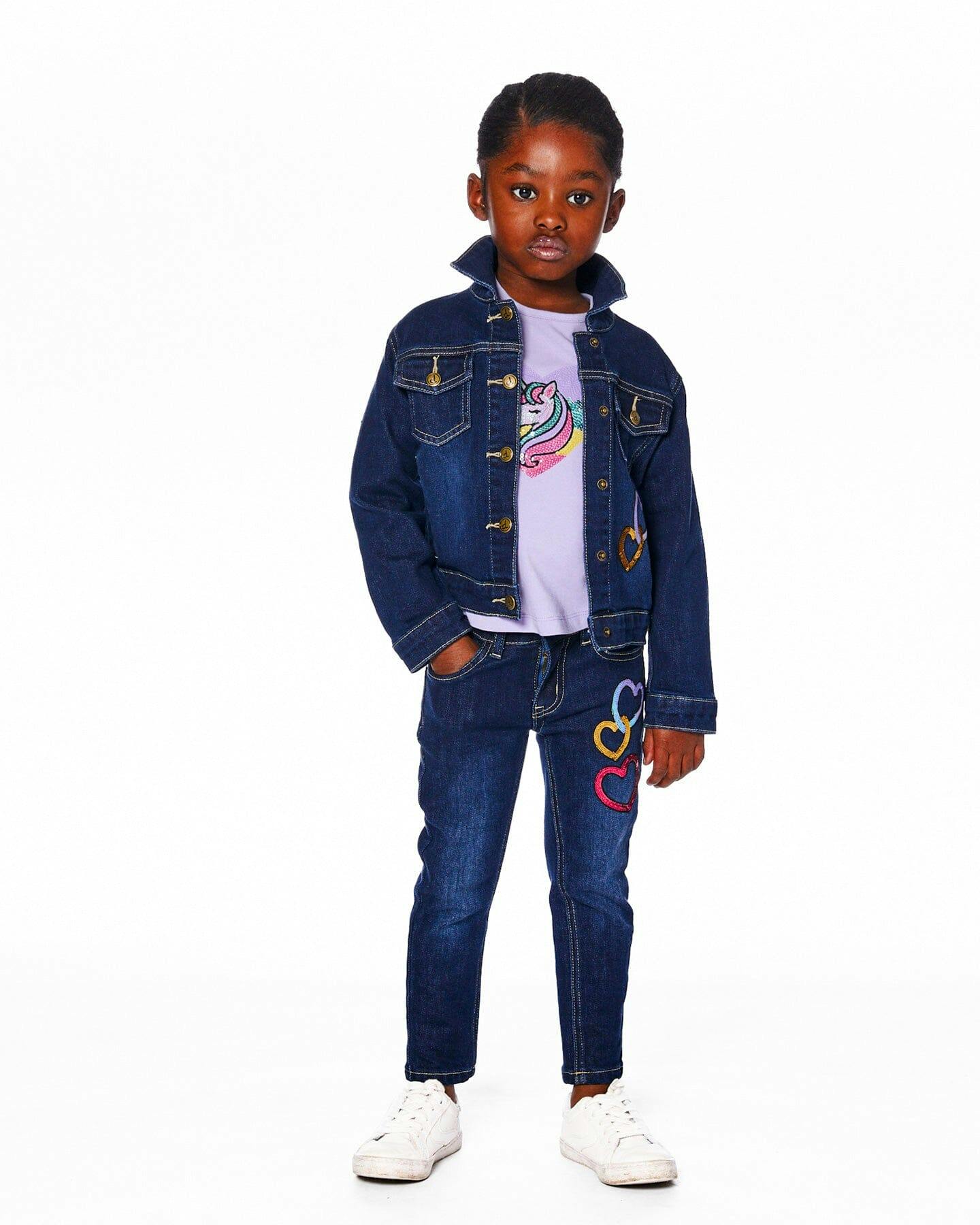 Stretch Denim Jacket Dark Blue with Glittery Hearts and