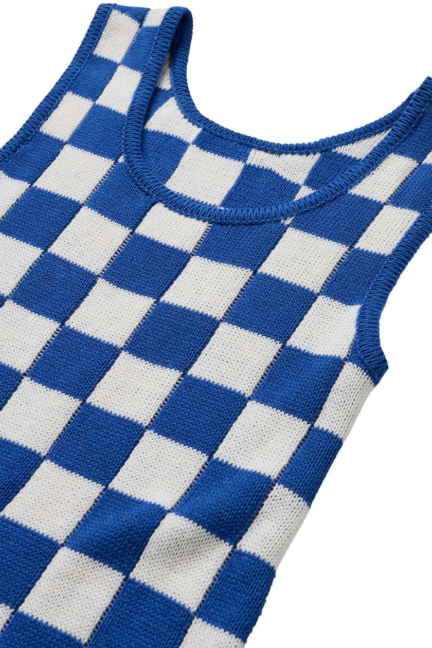 Checkered Knit Mini Dress / Navy