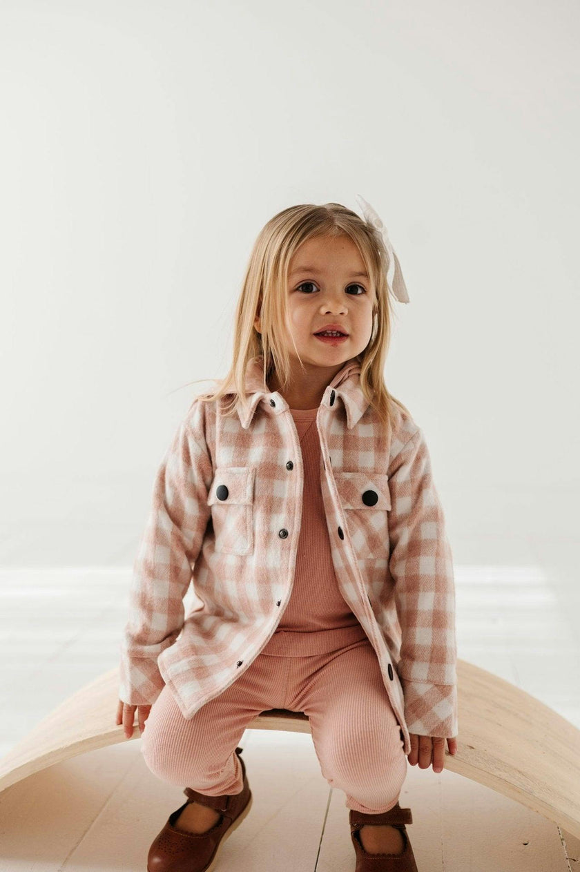 Girls Hooded Shacket in Misty Rose Plaid
