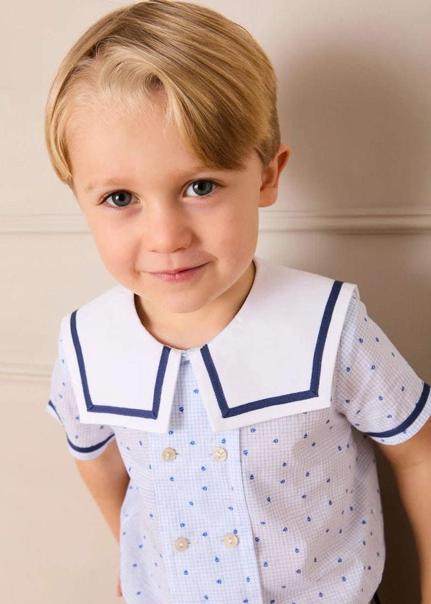 Noah Check Mariner Collar Double Breasted Shirt in Blue (18mths-6yrs)