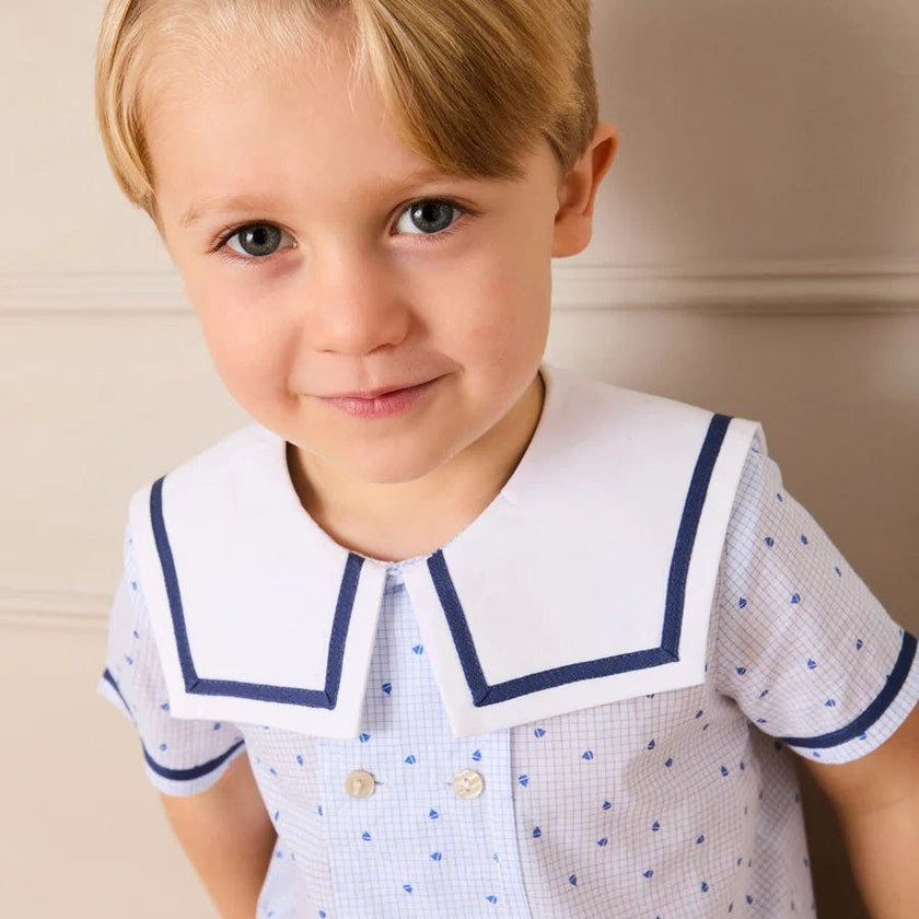 Noah Check Mariner Collar Double Breasted Shirt in Blue (18mths-6yrs)