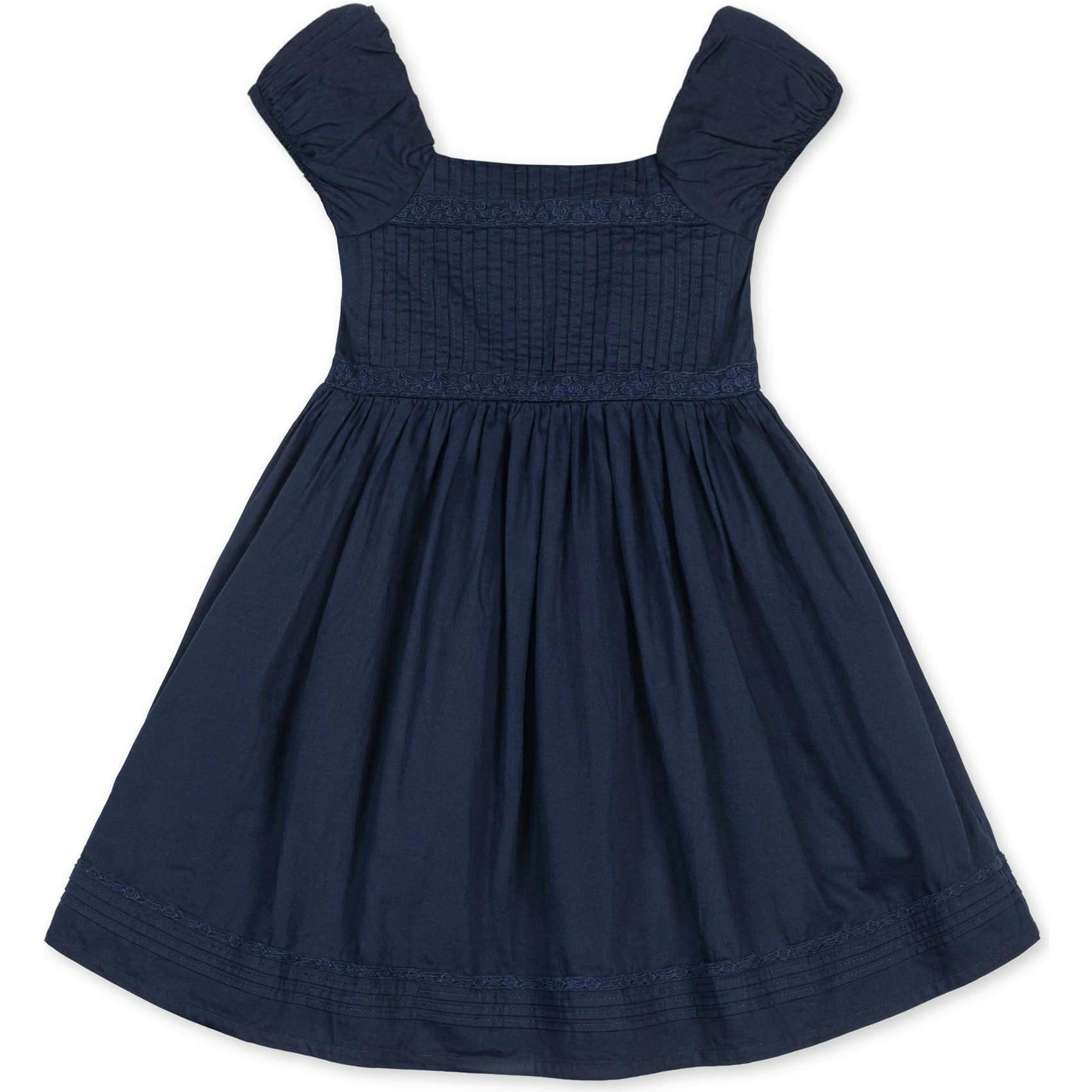 Organic Puff Sleeve Pintuck Sateen Party Dress, Blue