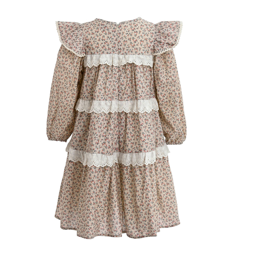 Beige Floral Lace Tiered Dress