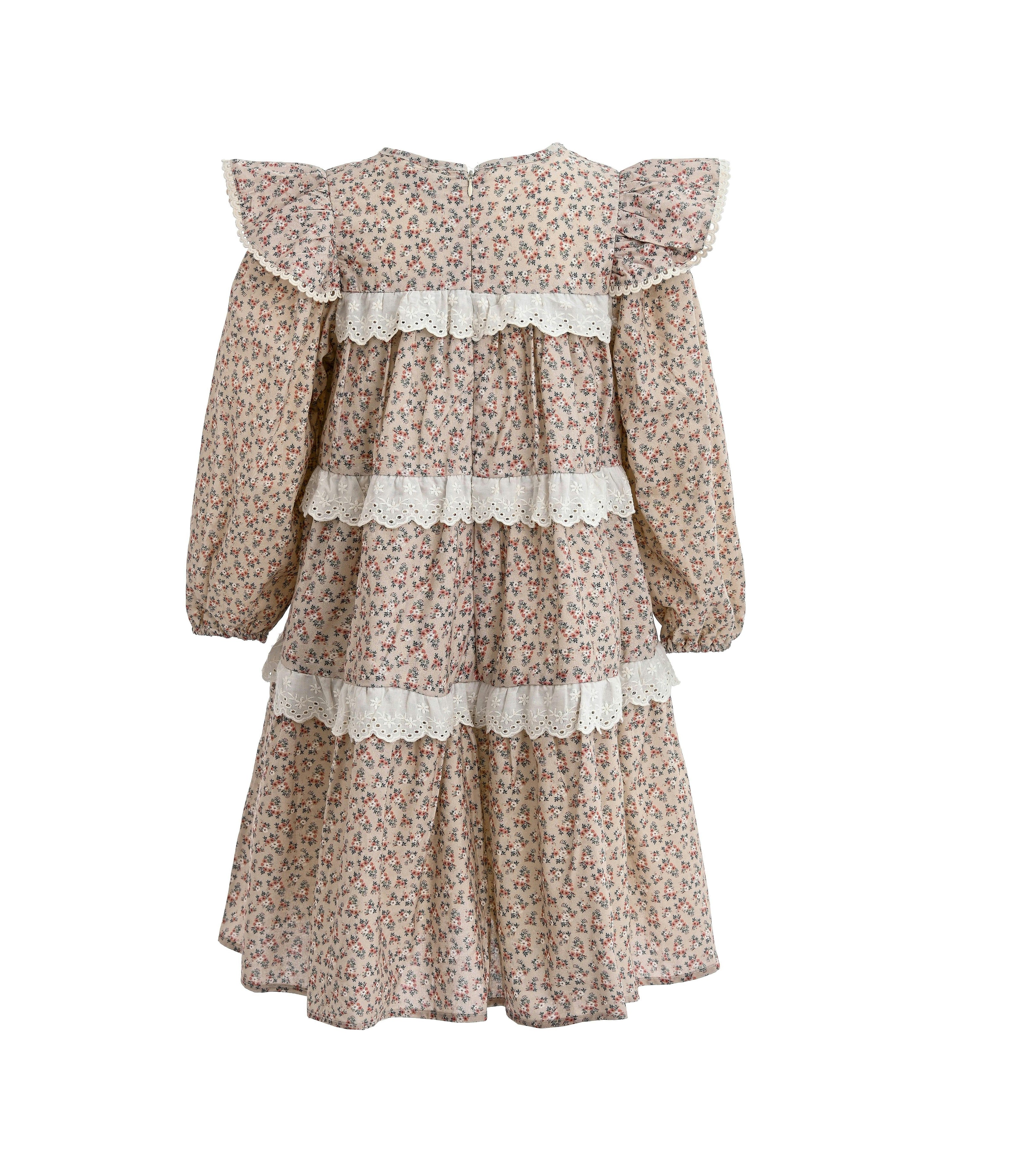 Beige Floral Lace Tiered Dress