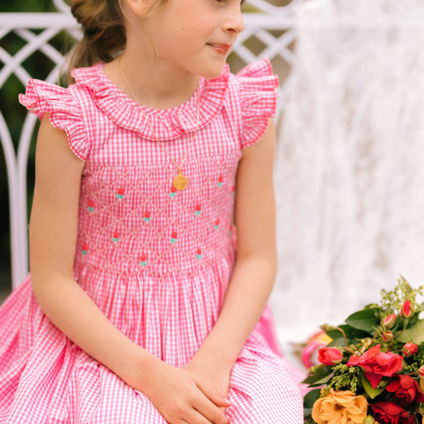 Tulip Pink Gingham Frilled Cap Sleeve Smocked Dress