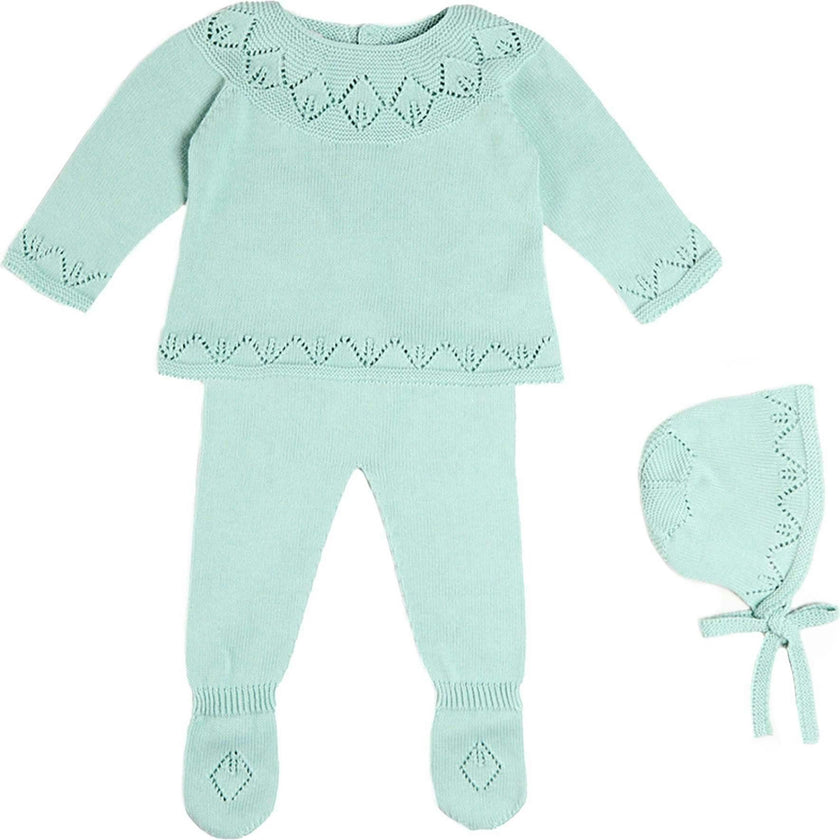 Diamond Openwork Three Piece Knitted Set in Sage Green (1-9mths)