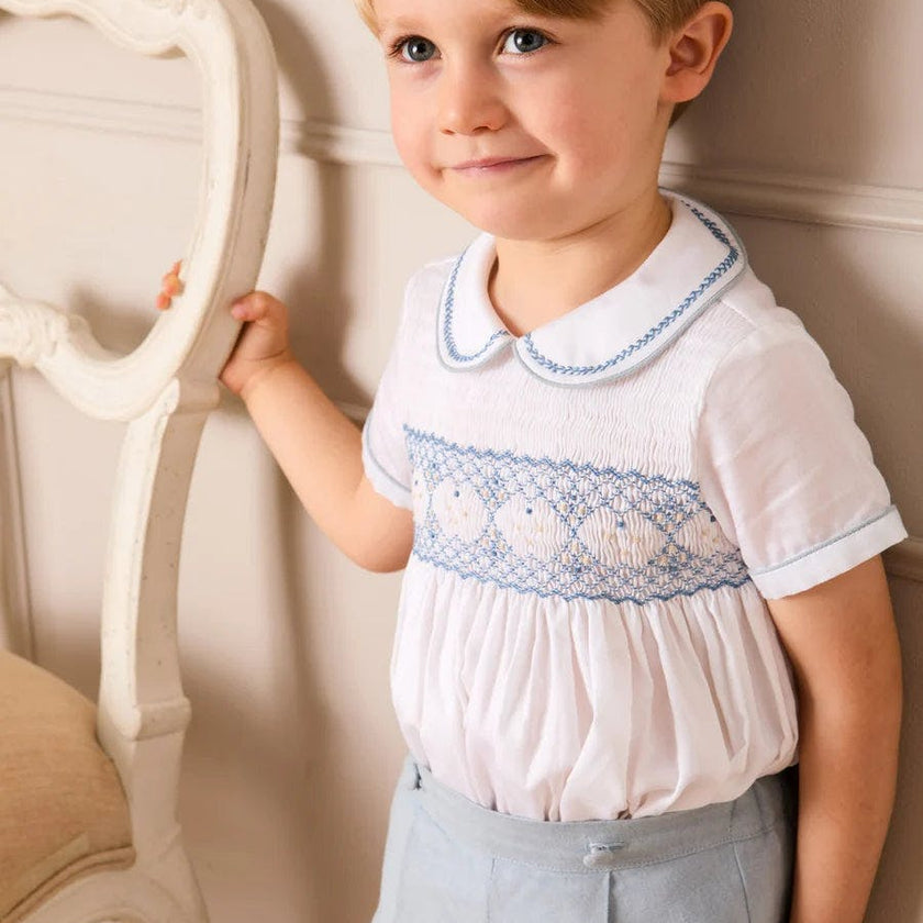 Hand Smocked Peter Pan Collar Short Sleeve Two Piece Set in Sky Blue (12mths-6yrs)