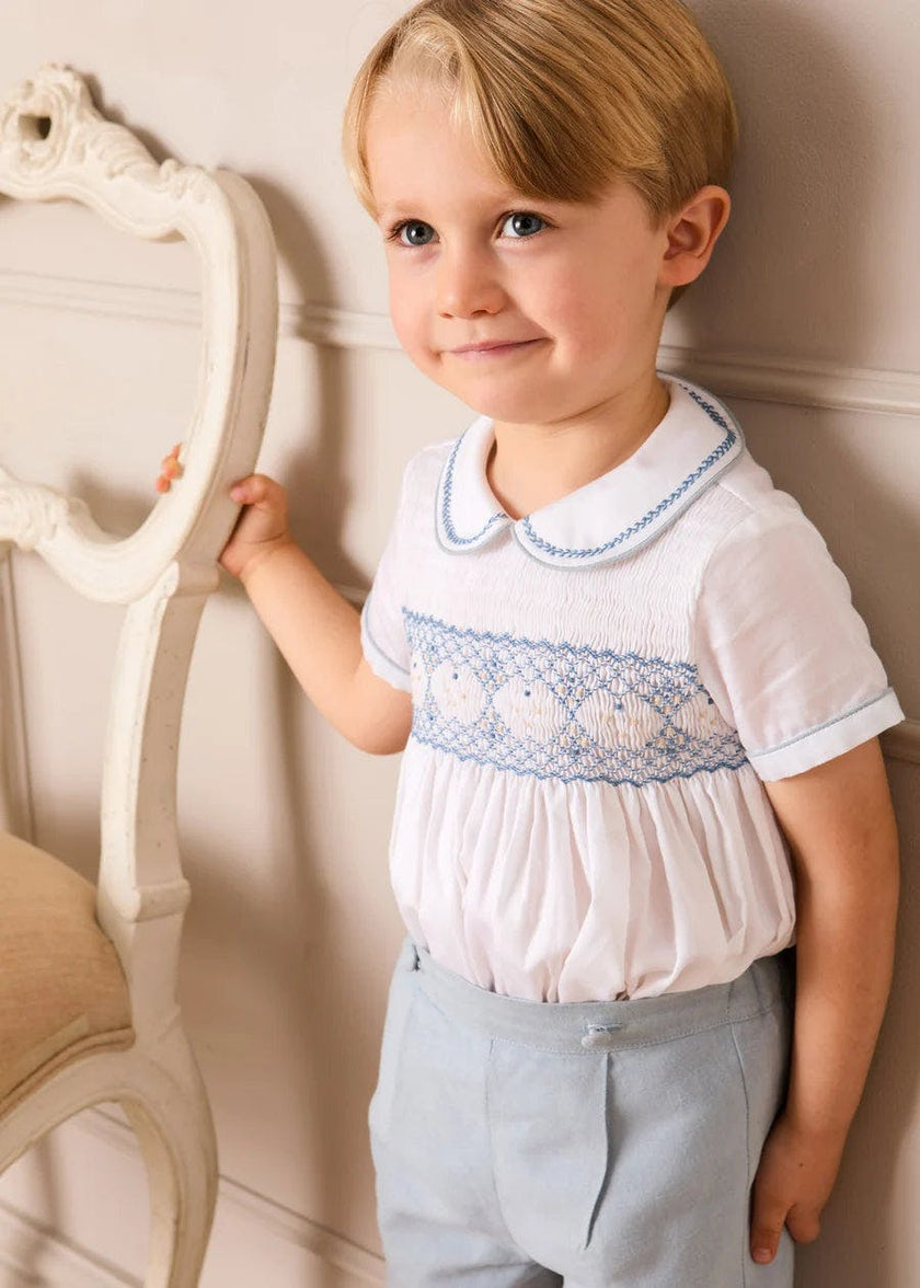 Hand Smocked Peter Pan Collar Short Sleeve Two Piece Set in Sky Blue (12mths-6yrs)