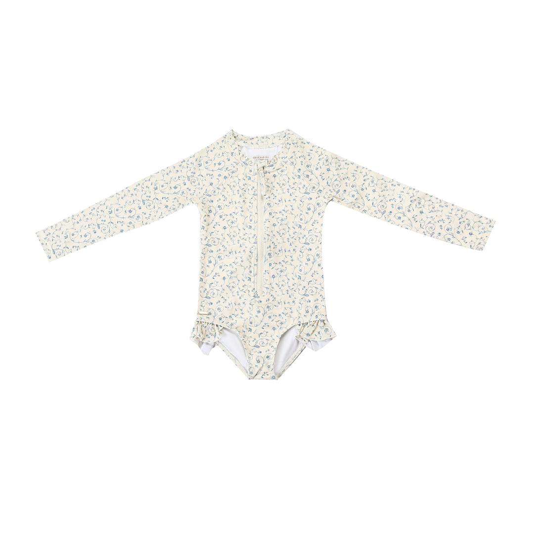 Long Sleeve Rashguard Ruffle Swimsuit | UPF + Recycled - Scandi Floral