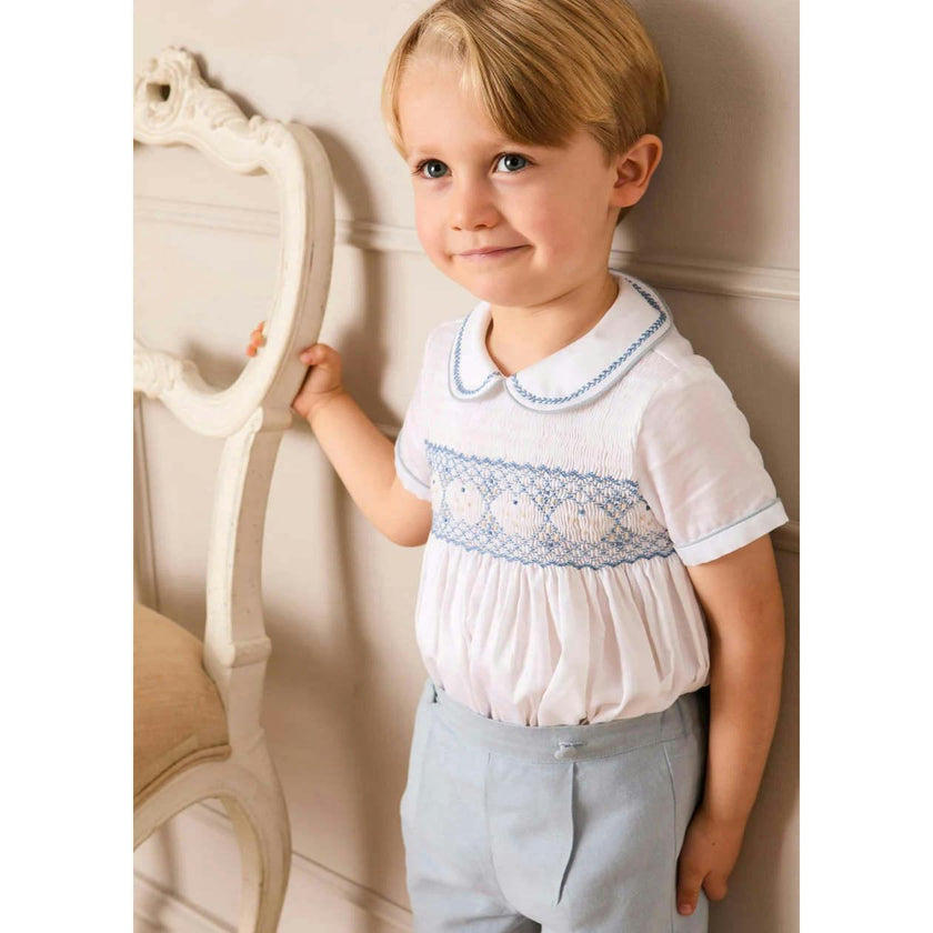 Hand Smocked Peter Pan Collar Short Sleeve Two Piece Set in Sky Blue (12mths-6yrs)