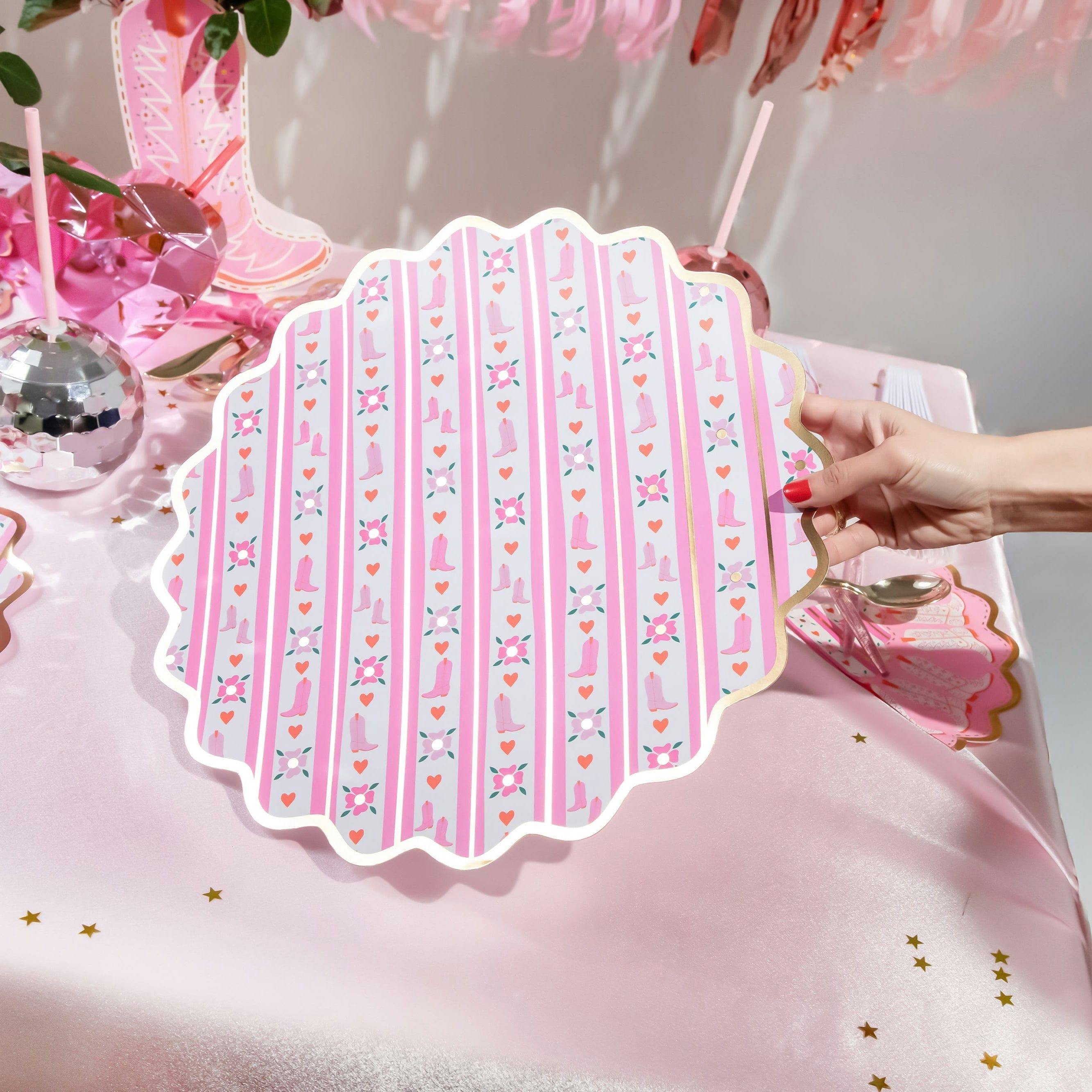 Packed Party Boot Scoot Blooms Western Round Paper Placemats 10ct - Gold Foil Pink Western Pattern 15 Inch Placemats for Western Parties