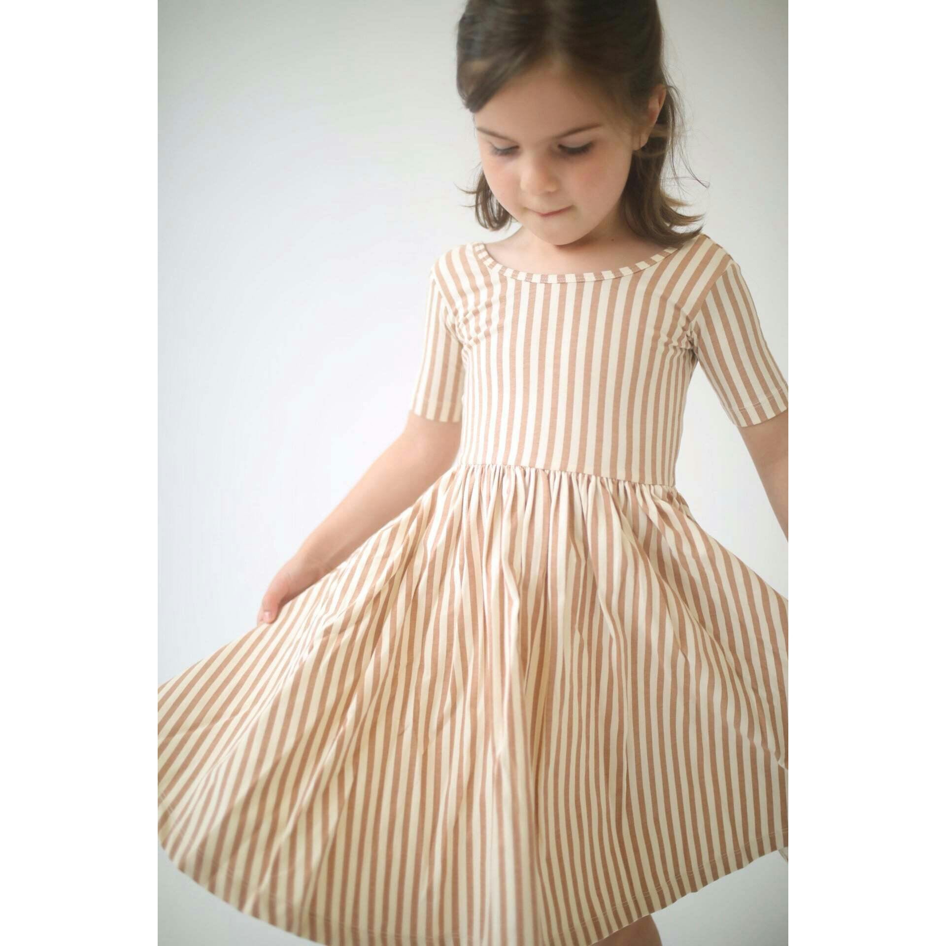 Short Sleeve Twirl Dress in Toffee Stripes