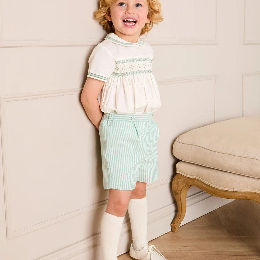Wimbledon Stripe Hand Smocked Peter Pan Collar Two Piece Set in Green (18mths-6yrs)