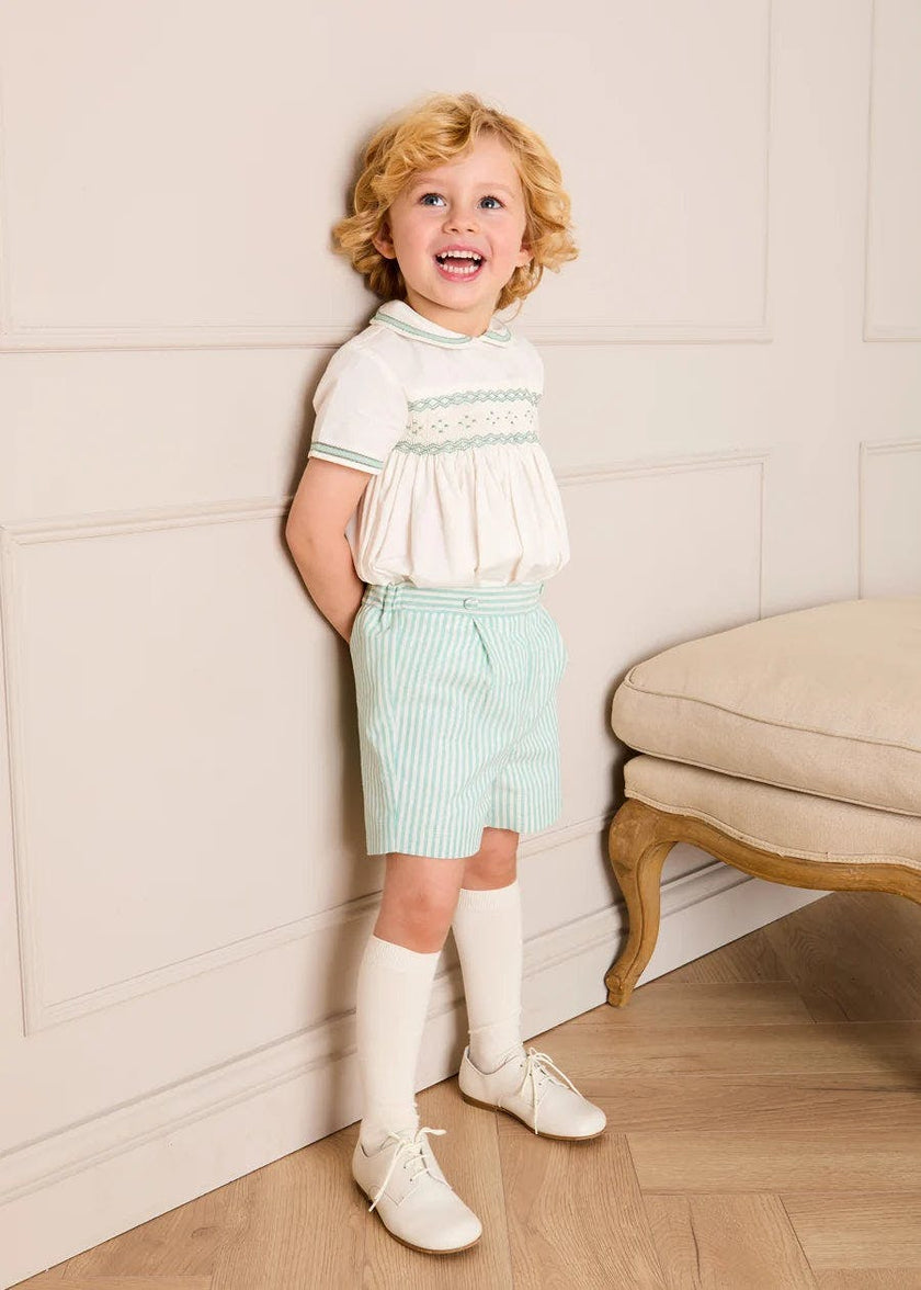 Wimbledon Stripe Hand Smocked Peter Pan Collar Two Piece Set in Green (18mths-6yrs)