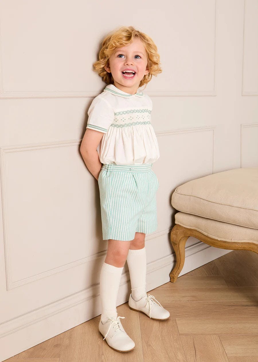 Wimbledon Stripe Hand Smocked Peter Pan Collar Two Piece Set in Green (18mths-6yrs)