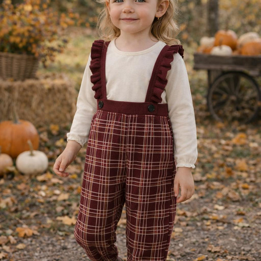 Ruffle Plaid Cross Ruffle Strap Ribbed Waist & Cuff Pant Overalls