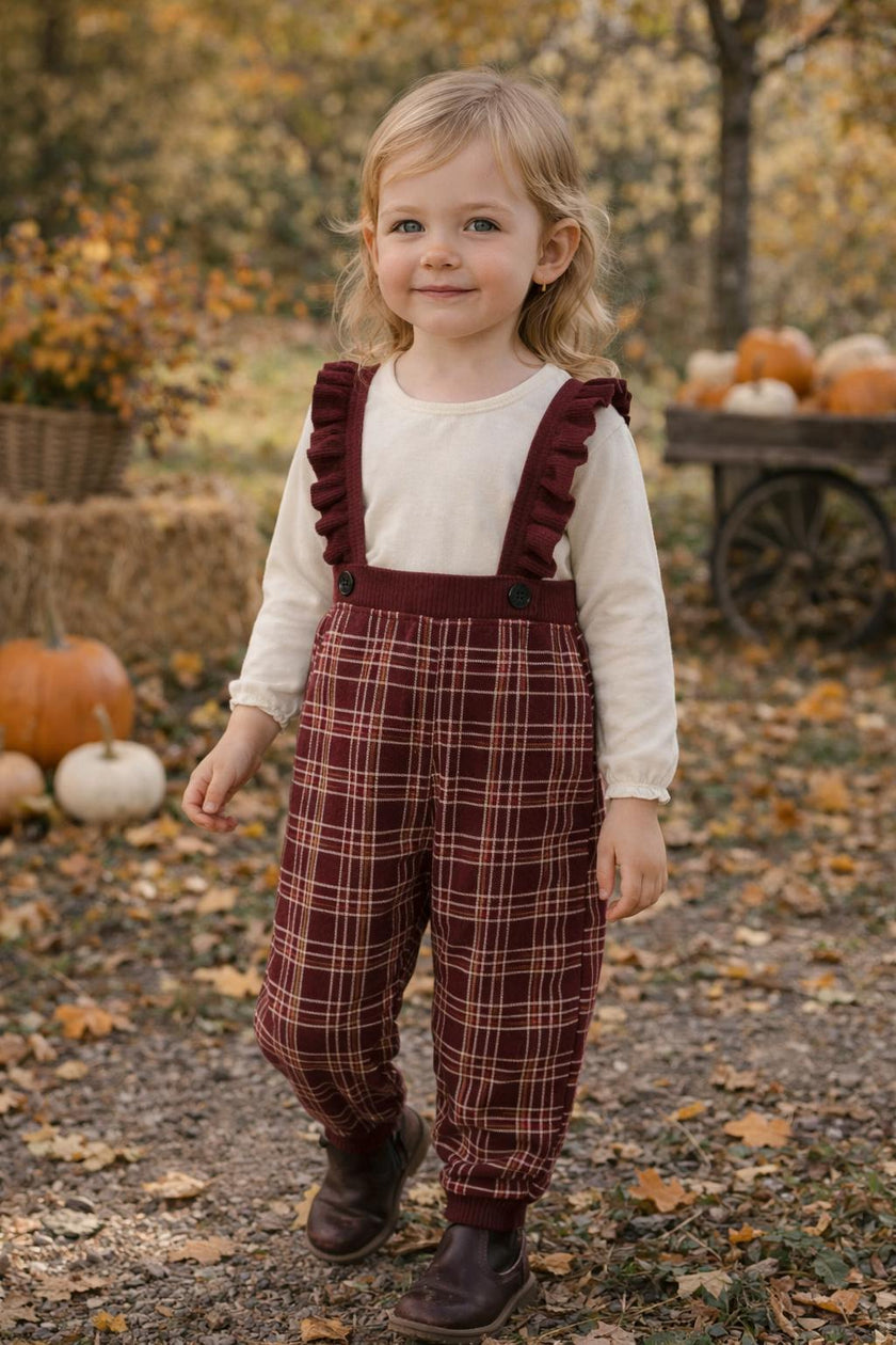 Ruffle Plaid Cross Ruffle Strap Ribbed Waist & Cuff Pant Overalls