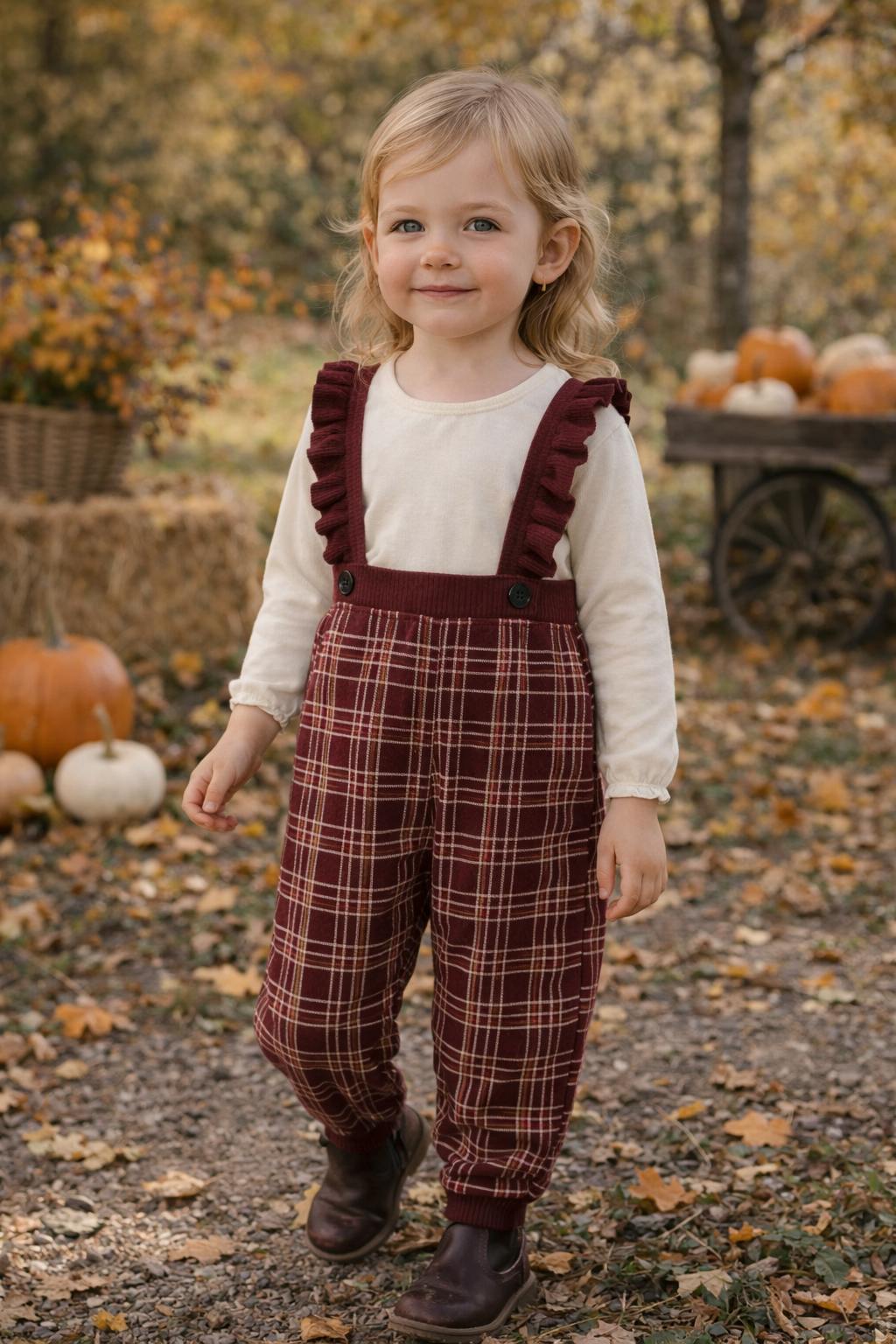 Ruffle Plaid Cross Ruffle Strap Ribbed Waist & Cuff Pant Overalls