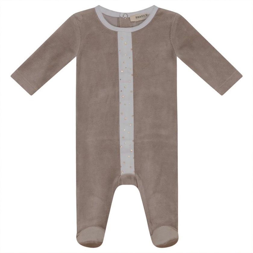 Gold Stars Print Velour Button Front Long Sleeve Romper