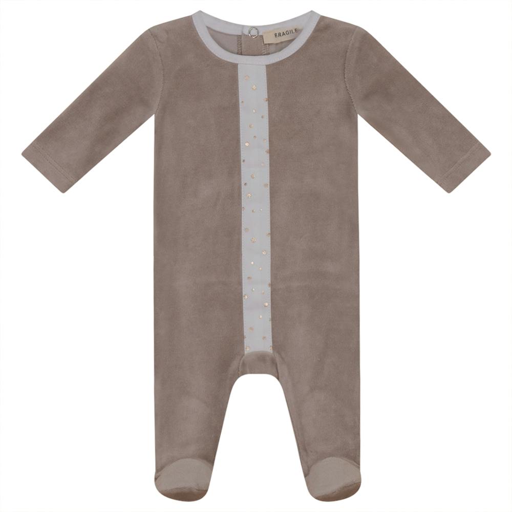 Gold Stars Print Velour Button Front Long Sleeve Romper