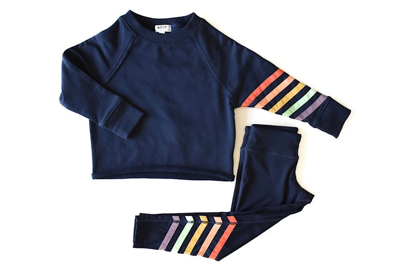 Navy Cropped Crew Neck With Rainbow Stripes