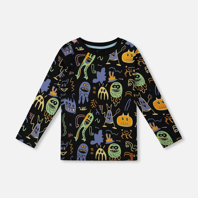 Long Sleeve Organic Cotton Allover Monsters Print Tee