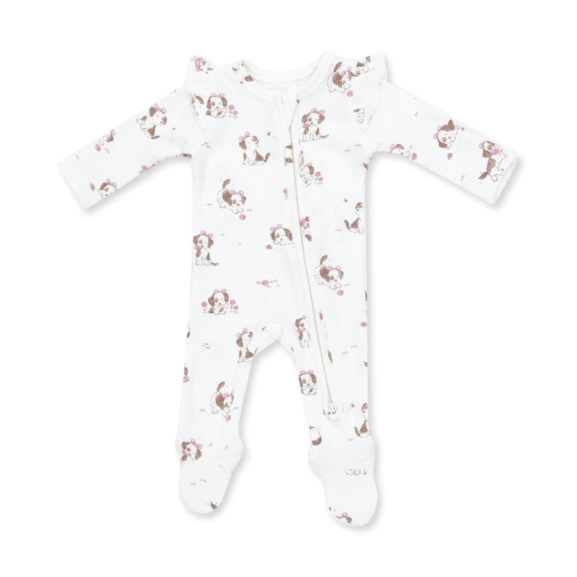 Explorer Puppy Pink - 2 Way Ruffle Sleeve Zipper Footie