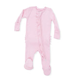 Solid Romance Rose Rib - 2 Way Ruffle Front Zipper Footie