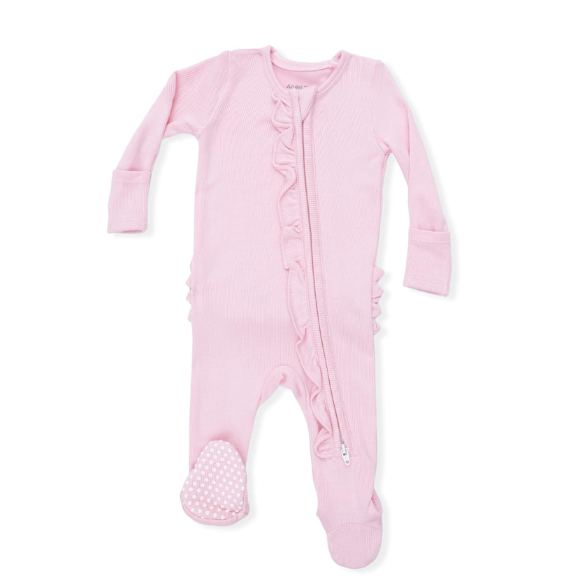 Solid Romance Rose Rib - 2 Way Ruffle Front Zipper Footie