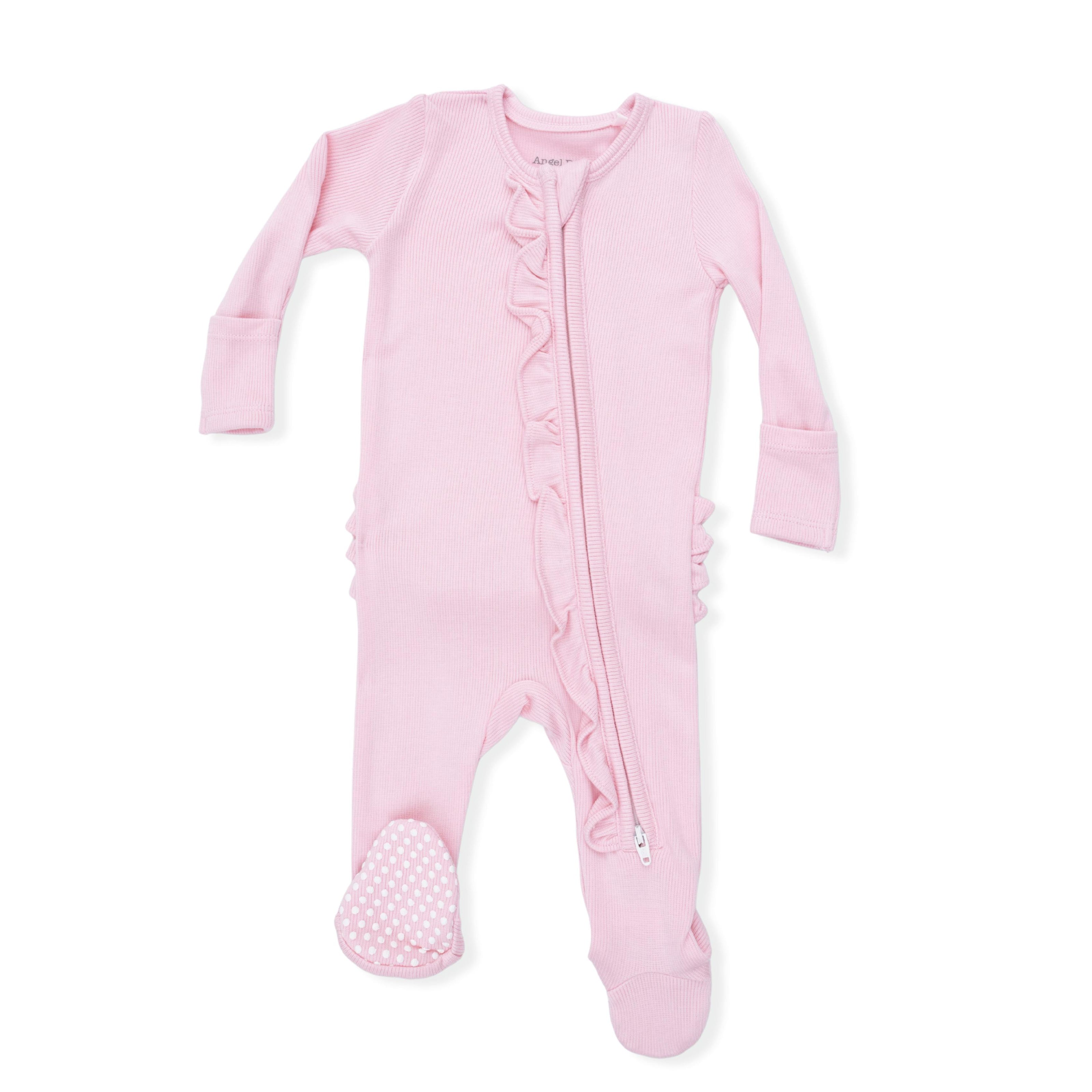 Solid Romance Rose Rib - 2 Way Ruffle Front Zipper Footie