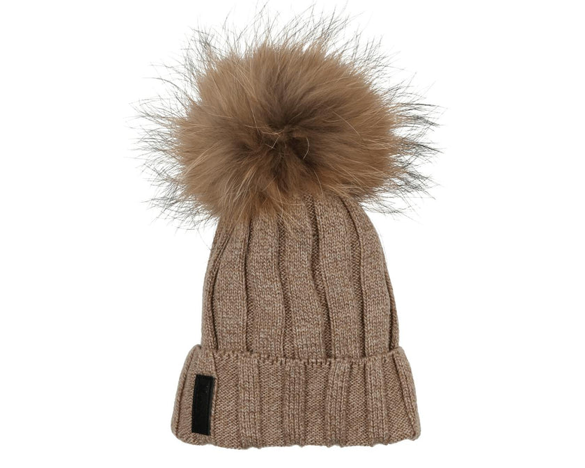 Ribbed Merino Wool Faux Fur Pom Pom Hat