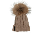 Ribbed Merino Wool Faux Fur Pom Pom Hat