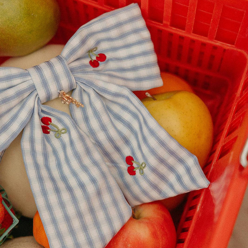 CHERRY BLUE GINGHAM MIDI BOW