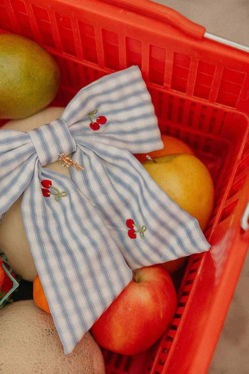 CHERRY BLUE GINGHAM MIDI BOW
