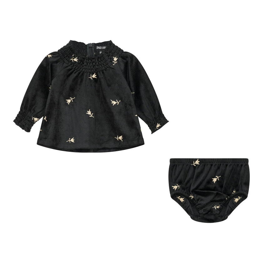 Velour Embroidered Smocked Top and Bottom Two Piece Set