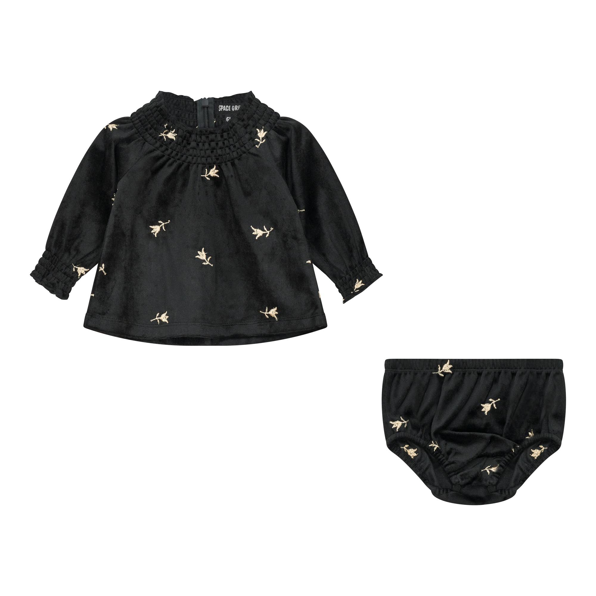 Velour Embroidered Smocked Top and Bottom Two Piece Set