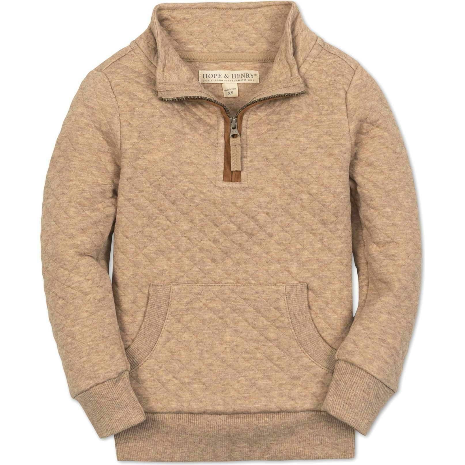 Long Sleeve Quilted Kanga Half Zip Pullover, Beige