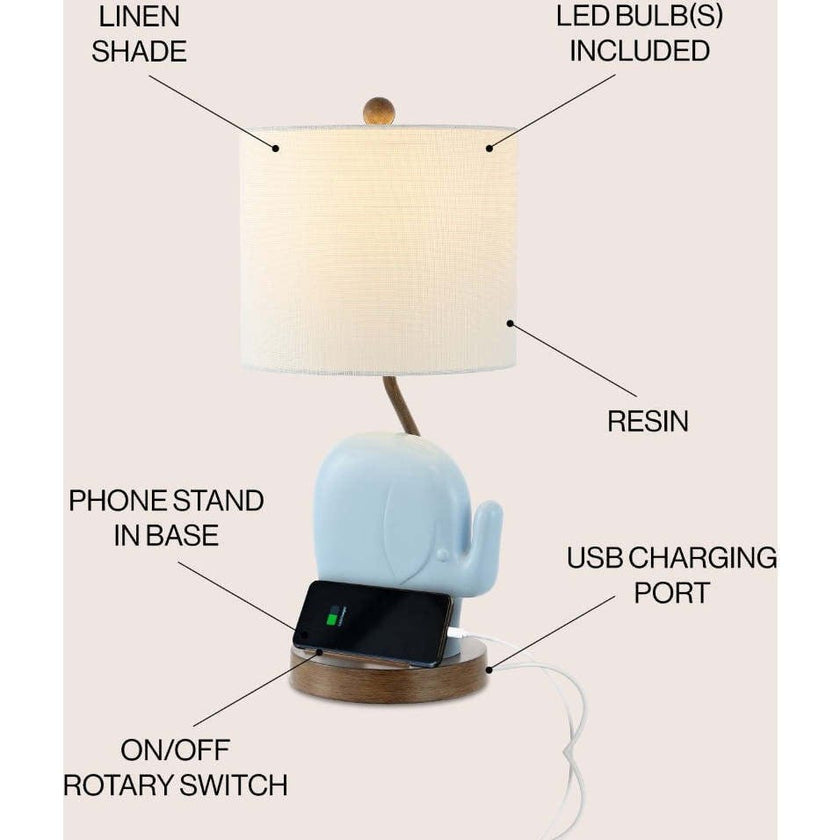 Ellie Bohemian Designer Iron/Resin Elephant LED Kids Table Lamp with Phone Stand and USB Charging Port