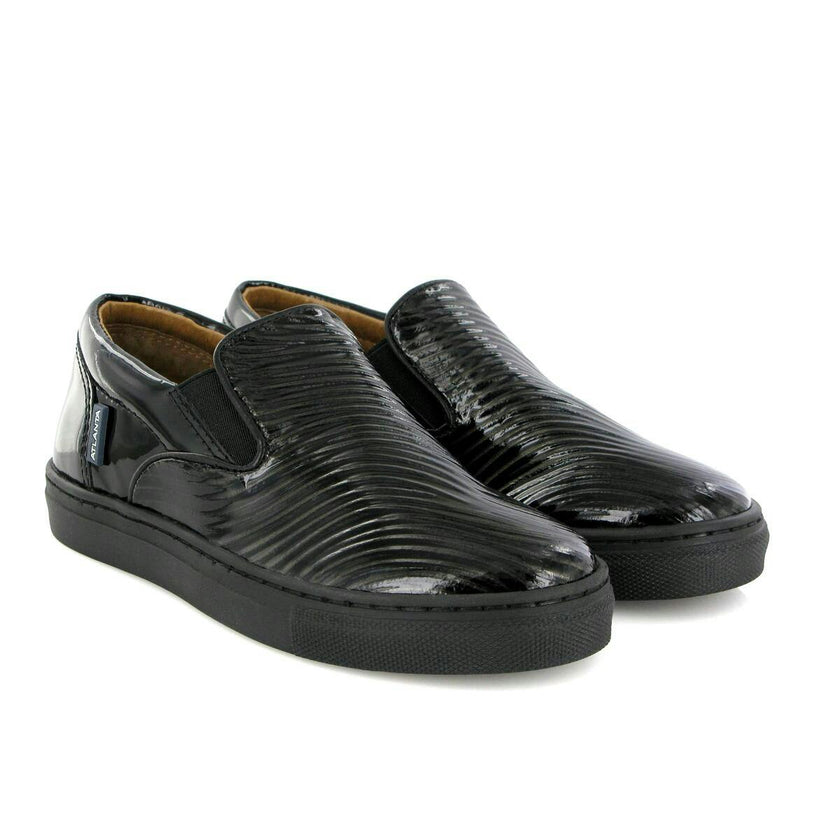 Leather Slip On Sneakers, Black & Silver