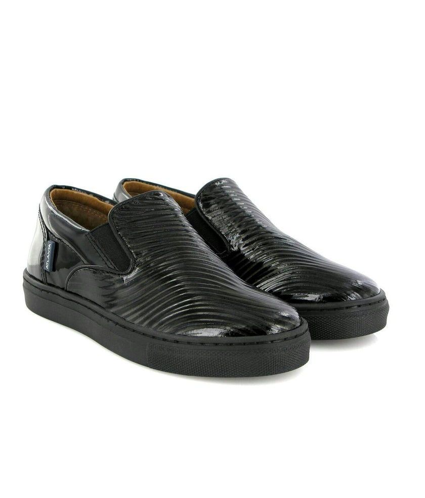 Leather Slip On Sneakers, Black & Silver