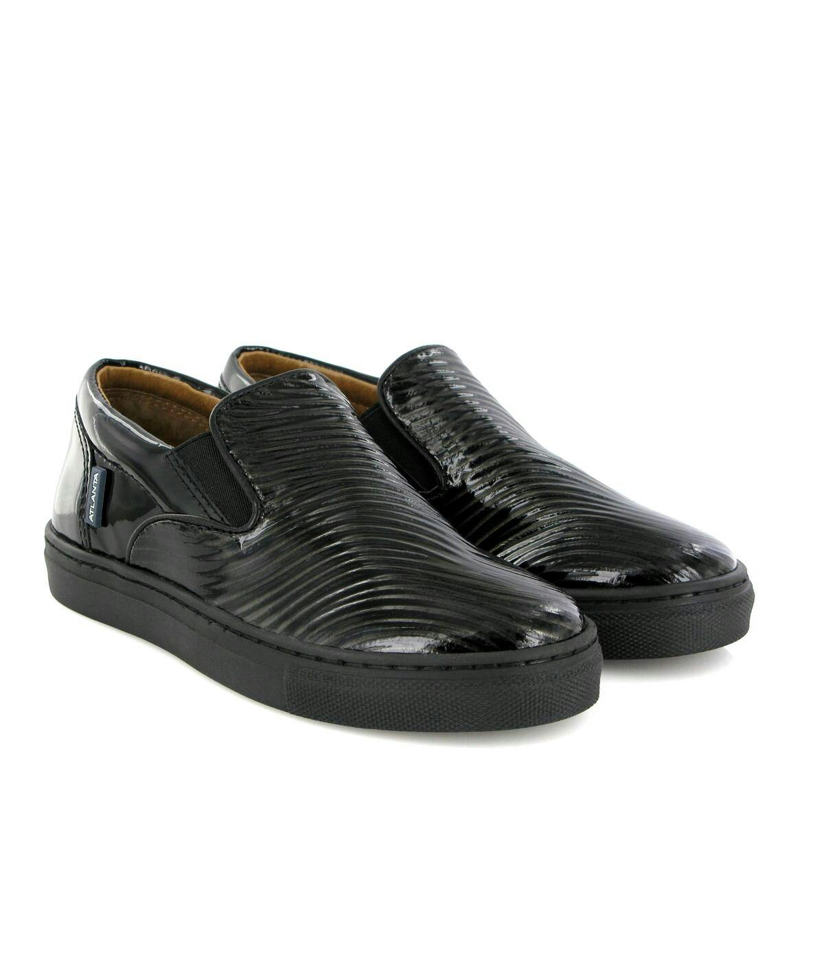 Leather Slip On Sneakers, Black & Silver